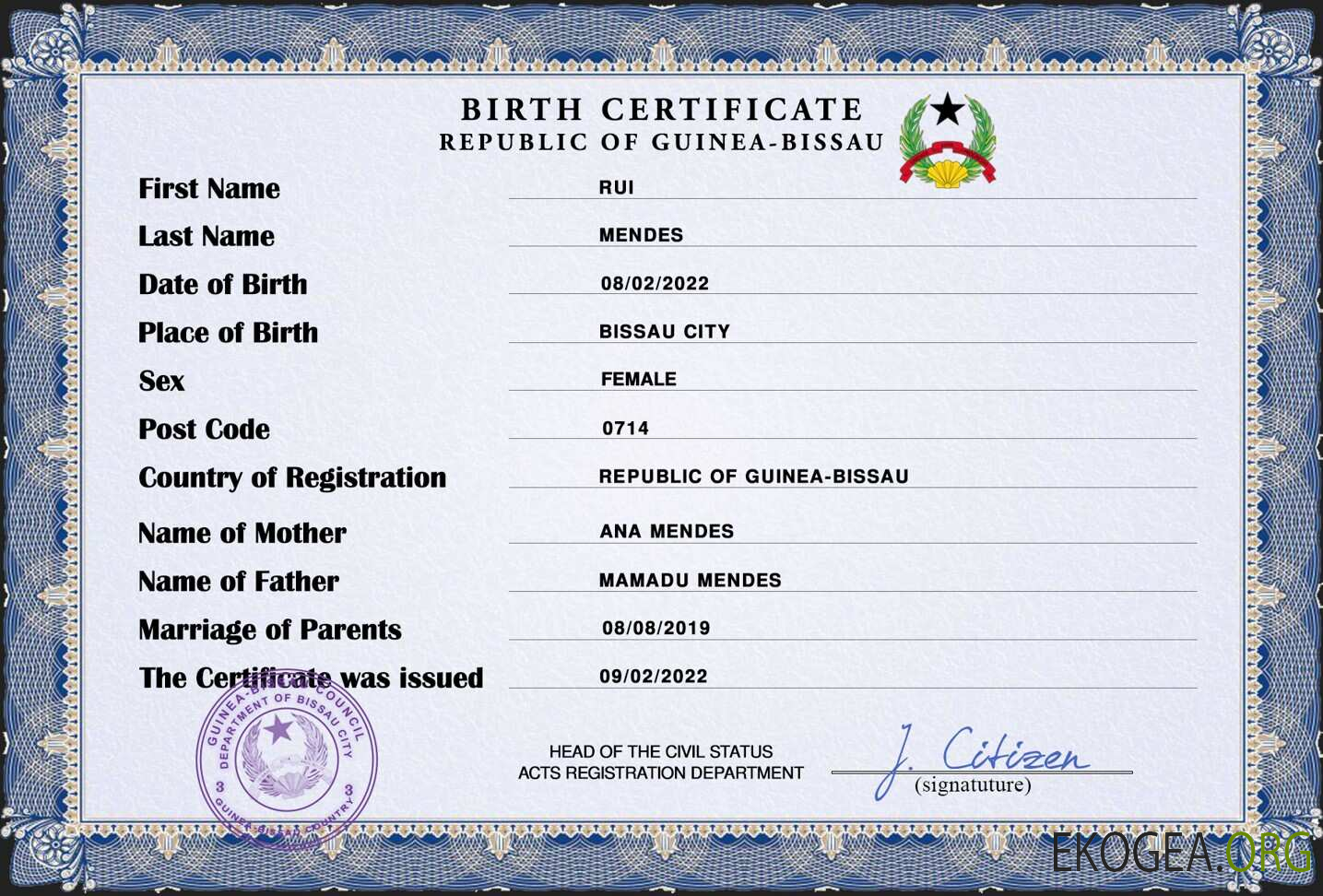 Modèle PSD d'acte de naissance en Guinée Bissau